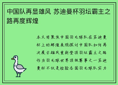 中国队再显雄风 苏迪曼杯羽坛霸主之路再度辉煌