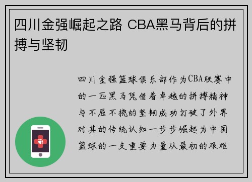 四川金强崛起之路 CBA黑马背后的拼搏与坚韧